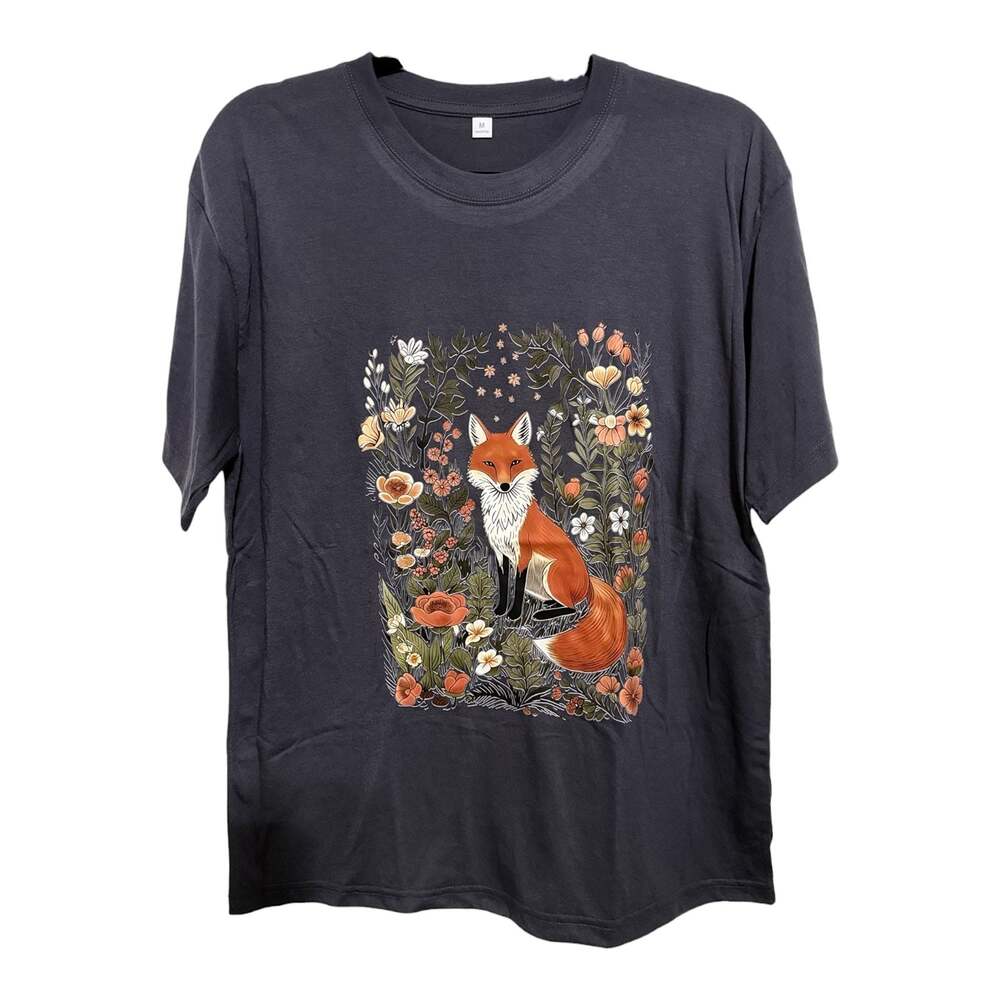 Size Medium Fox Sitting In Floral Flower Meadow Custom Graphic Unisex T-Shirt - Picture 2 of 4